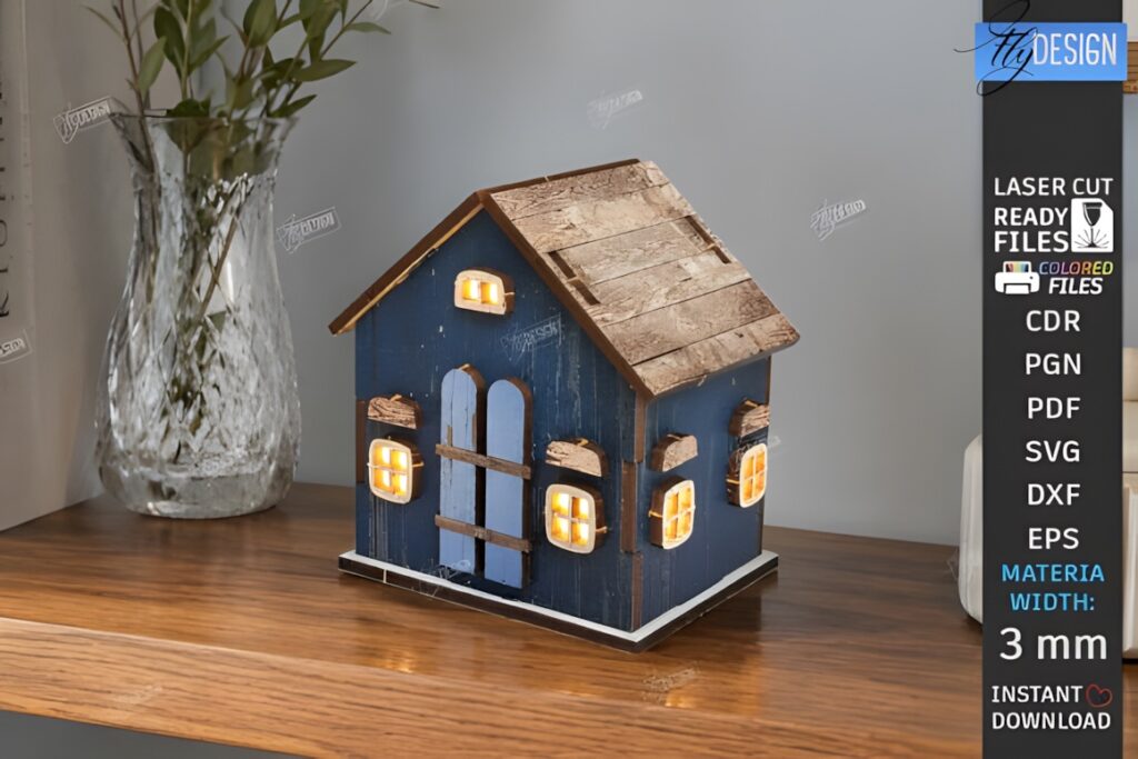 29 Laser Cut SVG Files for Wood, MDF and Acrylic Projects 37 Miniature wooden house nightlight with lit windows made from laser cut SVG files for wood projects