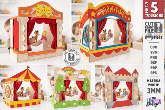 21 Laser Cut Toys for Kids and Creative Play 6 Miniature laser cut toys puppet theaters in various colorful designs for storytelling and creative play