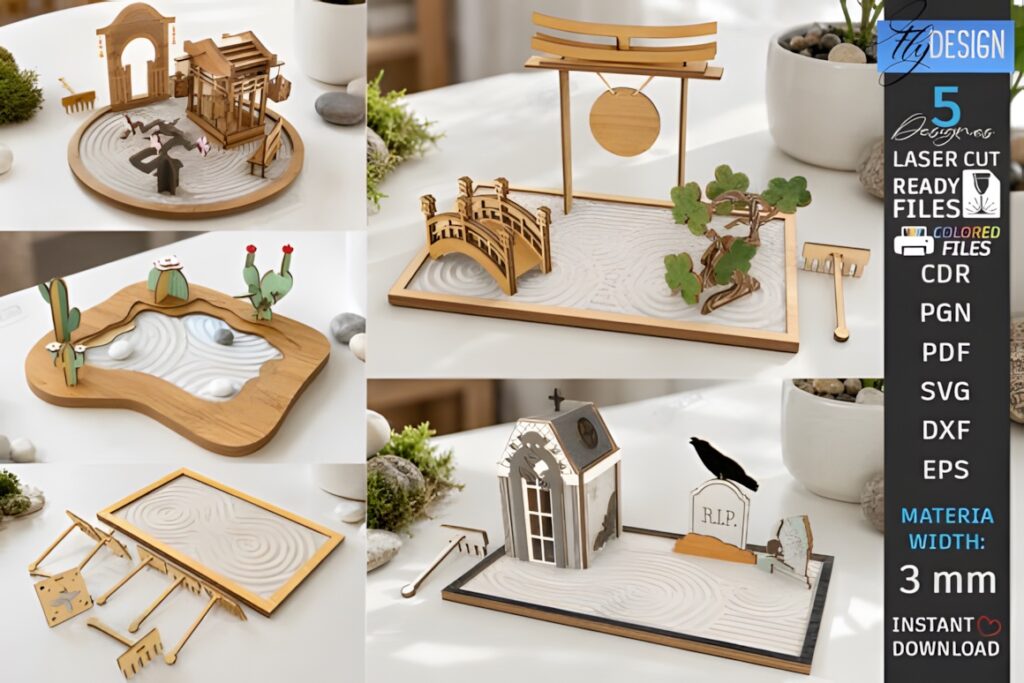 29 Laser Cut SVG Files for Wood, MDF and Acrylic Projects 31 Mini Zen Garden Sand Tray laser cut SVG files for wood projects with wooden tray, rake, bridge, and decorative elements