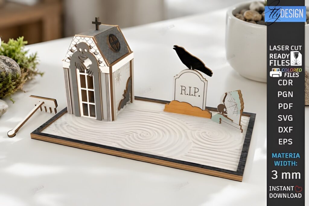29 Laser Cut SVG Files for Wood, MDF and Acrylic Projects 32 Mini Zen Garden Sand Tray laser cut SVG files for wood projects with wooden tray, rake, and decorative elements