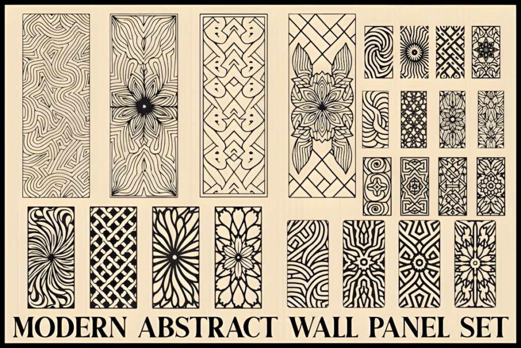 33 Modern Cnc Jaali Design Ideas for Modern Architectural Spaces 32 modern CNC jaali design featuring a variety of abstract geometric and floral wall panel patterns in black on beige background