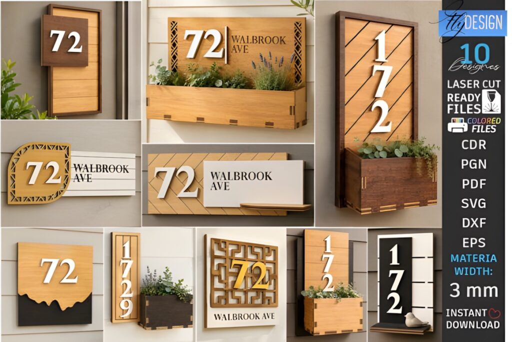 29 Laser Cut SVG Files for Wood, MDF and Acrylic Projects 4 laser cut SVG files for wood projects showing modern house number sign designs with planters and geometric patterns