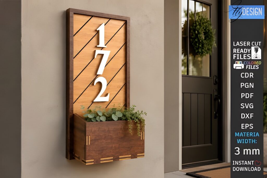 29 Laser Cut SVG Files for Wood, MDF and Acrylic Projects 5 Modern house number sign with vertical laser cut SVG files for wood projects, featuring planter box and diagonal slats