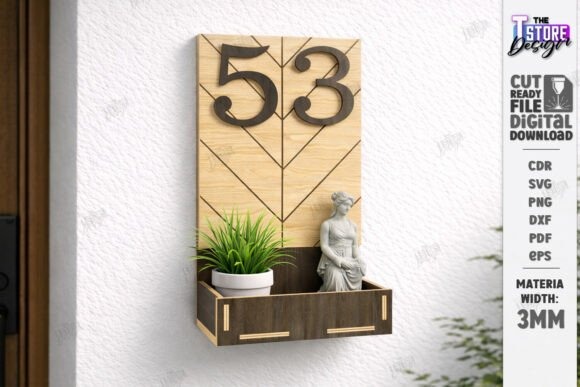 Laser Engraving Ideas for 10 Useful Home Projects 15 Modern house number sign with laser engraving ideas for home decor featuring number 53 and a small planter box
