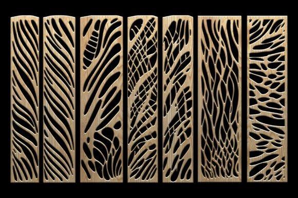 45 Laser Cut Panels for Indoor and Outdoor Features 45 Set of seven laser cut panels with organic flowing patterns inspired by natural textures