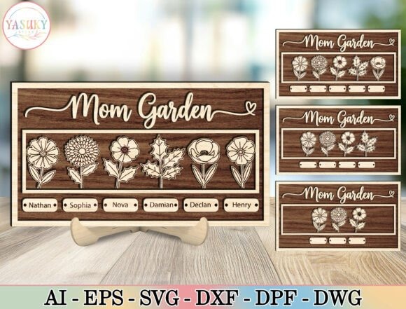 12 Laser Engraving Ideas for Personalized Gifts and Keepsakes 6 Personalized laser engraving gift ideas Mom Garden Birth Flower Sign with botanical birth-flower elements and name tags