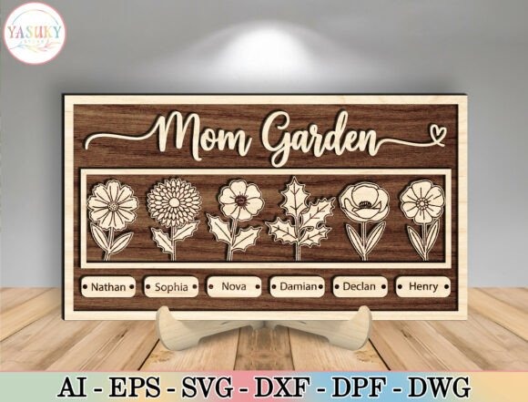 12 Laser Engraving Ideas for Personalized Gifts and Keepsakes 7 Personalized laser engraving gift ideas Mom Garden Birth Flower Sign with floral designs and name tags on wooden plaque