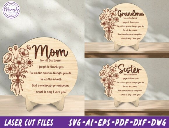 Laser Engraving Projects for Gifts, Signs and Home Decor 10 Laser engraving projects for gifts and home showing Mom Grandma Sister floral quote-sign designs on wooden plaques