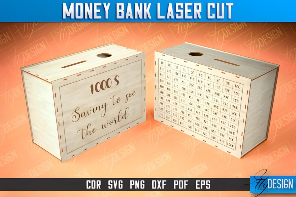 45 Laser Cut Files for Ready-to-Make Laser Projects 40 Money bank laser cut files showing wooden box with saving message and periodic table design