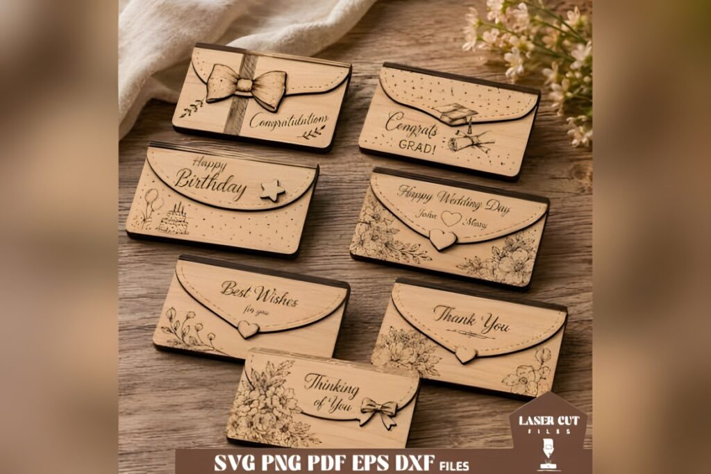 29 Laser Cut SVG Files for Wood, MDF and Acrylic Projects 33 Laser cut SVG files for wood projects showing various money gift card designs with floral and celebratory engravings