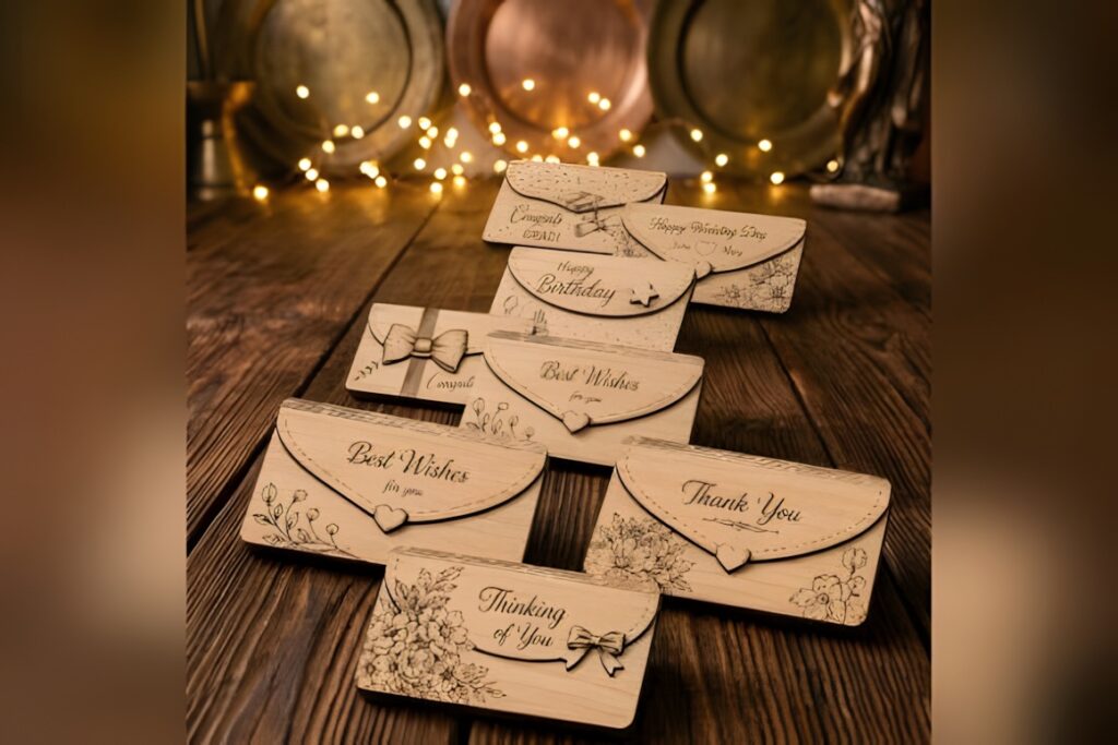 29 Laser Cut SVG Files for Wood, MDF and Acrylic Projects 34 Laser cut SVG files for wood projects showing engraved wooden money gift card holders with various greetings