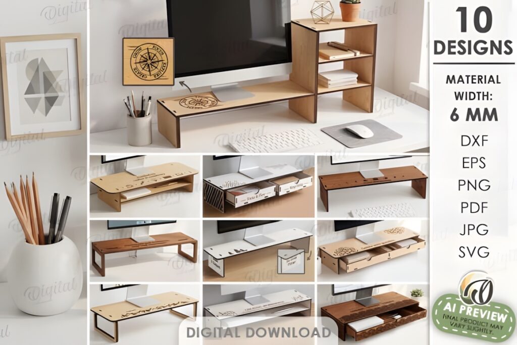 29 Laser Cut SVG Files for Wood, MDF and Acrylic Projects 54 Laser cut SVG files for wood projects showing 10 monitor shelf and riser designs for desk organization using 6 mm material