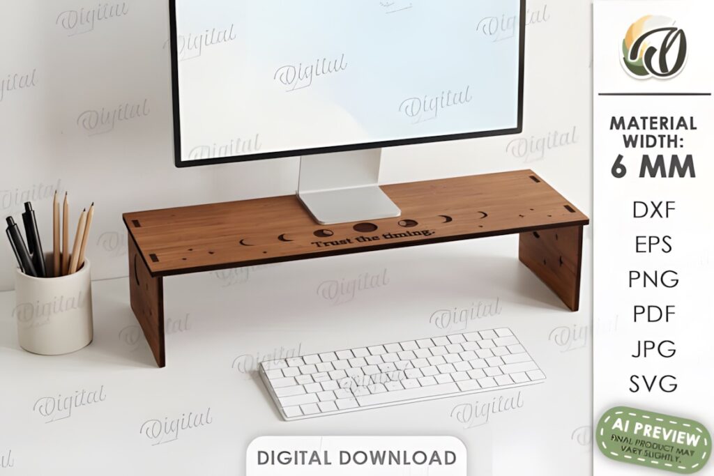 29 Laser Cut SVG Files for Wood, MDF and Acrylic Projects 53 Laser cut SVG files for wood projects showing a wooden monitor shelf with keyboard and pencil holder