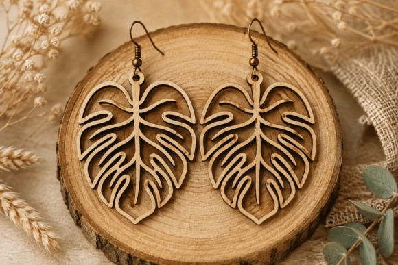 23 Laser Cut Wood Jewelry Ideas 11 Laser cut wood jewelry featuring monstera leaf shaped wooden earrings on a round wood slice