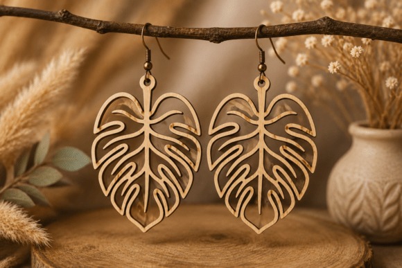 23 Laser Cut Wood Jewelry Ideas 12 Laser cut wood jewelry featuring monstera leaf shaped wooden earrings with botanical design
