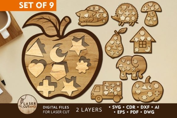 21 Laser Cut Toys for Kids and Creative Play 3 Laser cut toys Montessori kids puzzle bundle with nine shape-sorter puzzles in multilayer wooden boards