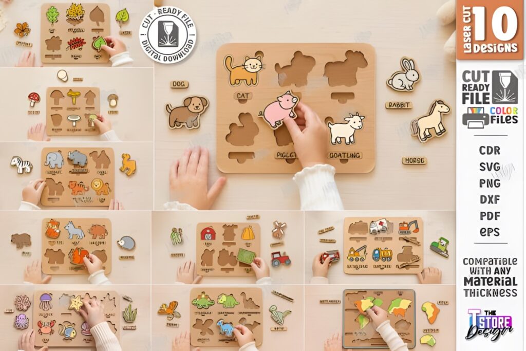 22 Educational Laser Cut Puzzles for Kids with SVG Files 41 Educational laser cut puzzles featuring animal shapes and names for kids, made from 3 mm plywood with SVG files included