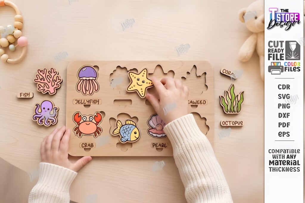 22 Educational Laser Cut Puzzles for Kids with SVG Files 42 Educational laser cut puzzles featuring child-friendly sea animals like crab, jellyfish, and starfish on a wooden board