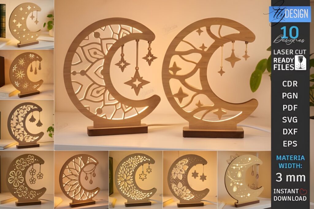 29 Laser Cut SVG Files for Wood, MDF and Acrylic Projects 38 Laser cut SVG files for wood projects featuring crescent moon nightlight lamp designs with celestial patterns