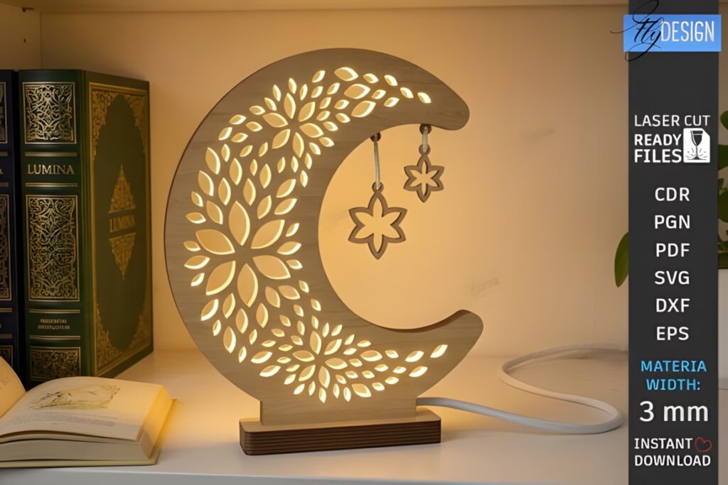 29 Laser Cut SVG Files for Wood, MDF and Acrylic Projects 39 Laser cut SVG files for wood projects crescent moon nightlight lamp with floral cutouts and hanging stars