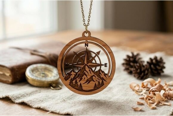 23 Laser Cut Wood Jewelry Ideas 21 Laser cut wood jewelry pendant featuring a mountain and compass design on a chain