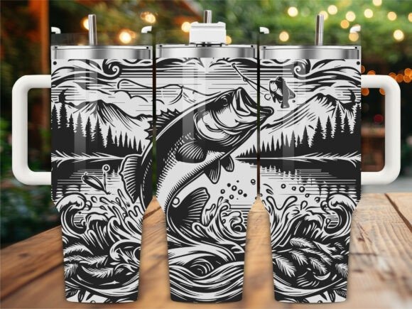 Mountain Fishing Laser Engraving Tumbler with outdoor scenery and fishing imagery in full-wrap design — laser engraving ideas