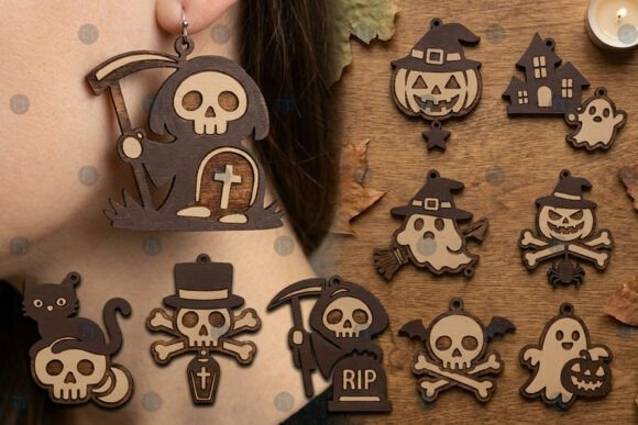 35 Halloween Laser Cut Wood Earrings Ideas 26 Halloween laser cut wood earrings including skulls, ghosts, pumpkins, and a grim reaper in layered wood tones