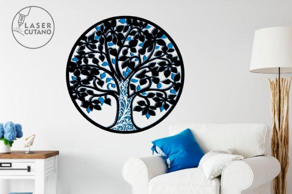 45 Laser Cut Panels for Indoor and Outdoor Features 36 Laser cut panels multilayer Tree of Life wall art mounted on white wall above white sofa with blue pillow