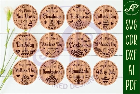 Laser engraving ideas for My First Celebrations baby milestone round wooden discs with holiday designs