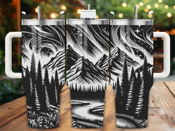 Laser engraving ideas showing Northern Lights full-wrap design on a 40-ounce Stanley-style tumbler with mountains and trees