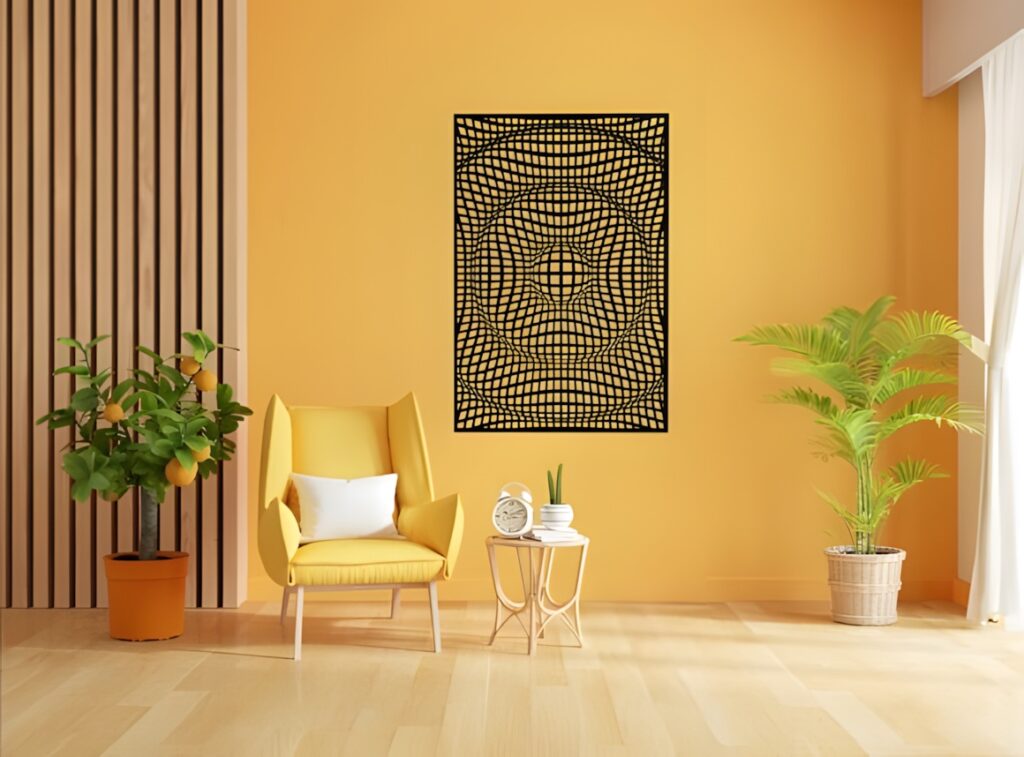 33 Modern Cnc Jaali Design Ideas for Modern Architectural Spaces 14 modern CNC jaali design with optical illusion warped-grid pattern on yellow wall in a contemporary living space