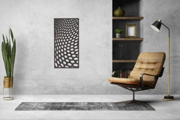 45 Laser Cut Panels for Indoor and Outdoor Features 8 laser cut panels with geometric optical illusion design mounted on a gray wall in a modern living room