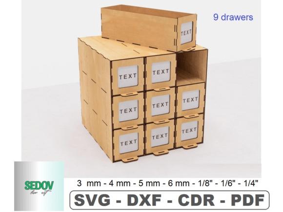 15 Laser Cut Box Ideas with Drawers, Lids and Compartments 10 laser cut box ideas showing a 9-drawer wooden organizer with uniform compartments for small items
