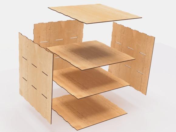 15 Laser Cut Box Ideas with Drawers, Lids and Compartments 7 Laser cut box ideas showing an exploded view of a three-drawer wooden organizer with separate panels and shelves