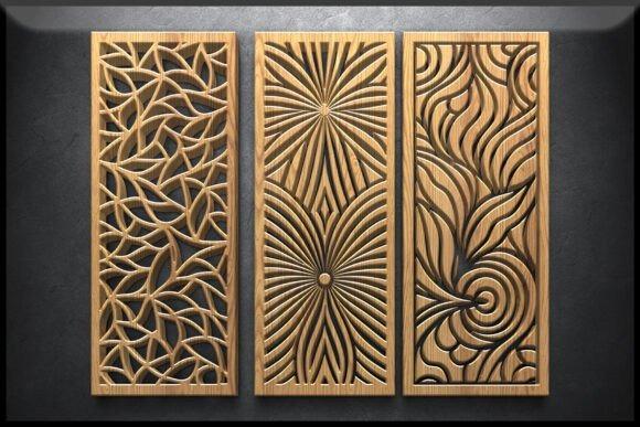 45 Laser Cut Panels for Indoor and Outdoor Features 59 Three laser cut panels with intricate floral, geometric, and swirl patterns in wood