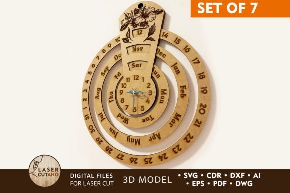 12 Laser Cut Projects for Gifts, Decor and Everyday Use 4 Laser cut projects for gifts perpetual calendar and clock set with multilayer wooden rings and engraved details