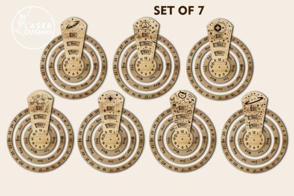 12 Laser Cut Projects for Gifts, Decor and Everyday Use 5 Set of 7 multilayer perpetual calendar and clock designs made from wood with engraved details — laser cut projects for gifts
