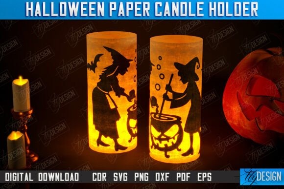 Halloween Paper Candle Holder — Halloween laser cut ideas Halloween laser cut ideas showing two paper candle holders with witch silhouettes glowing warmly