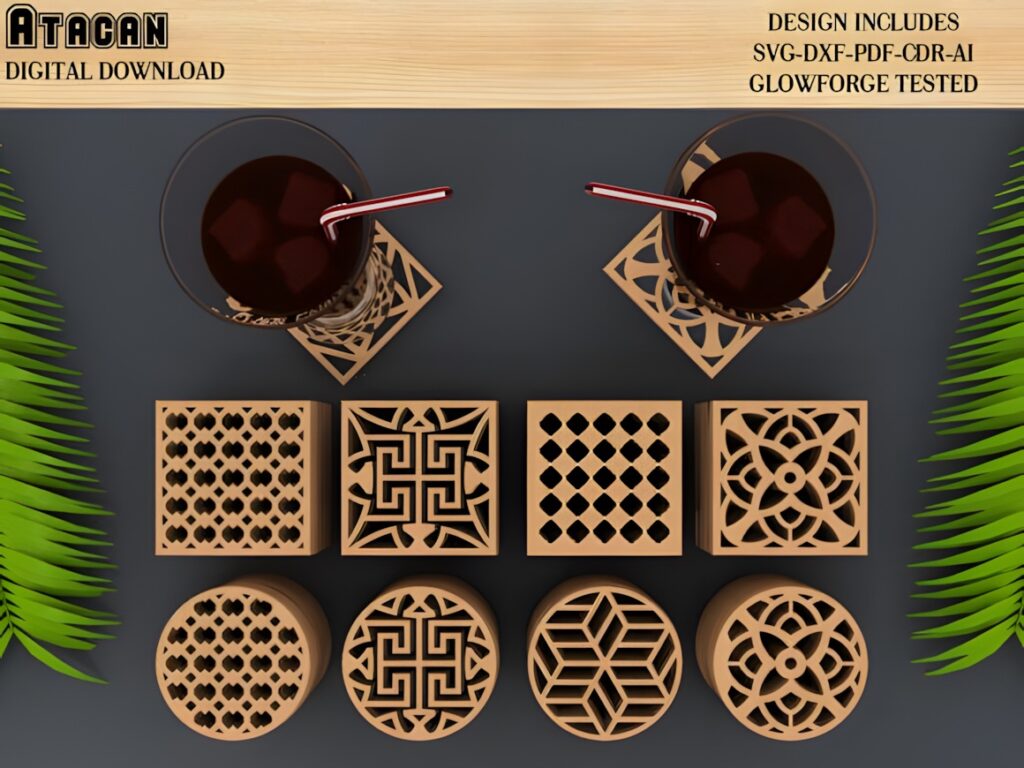 45 Laser Cut Files for Ready-to-Make Laser Projects 21 Laser cut files patterned coaster set with intricate geometric designs and two glasses on coasters