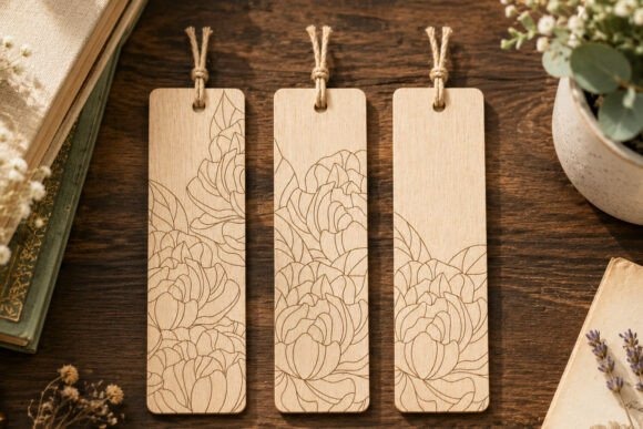 Three wooden bookmarks with laser engraved peony flower line art and twine loops on a wooden table — laser engraving ideas