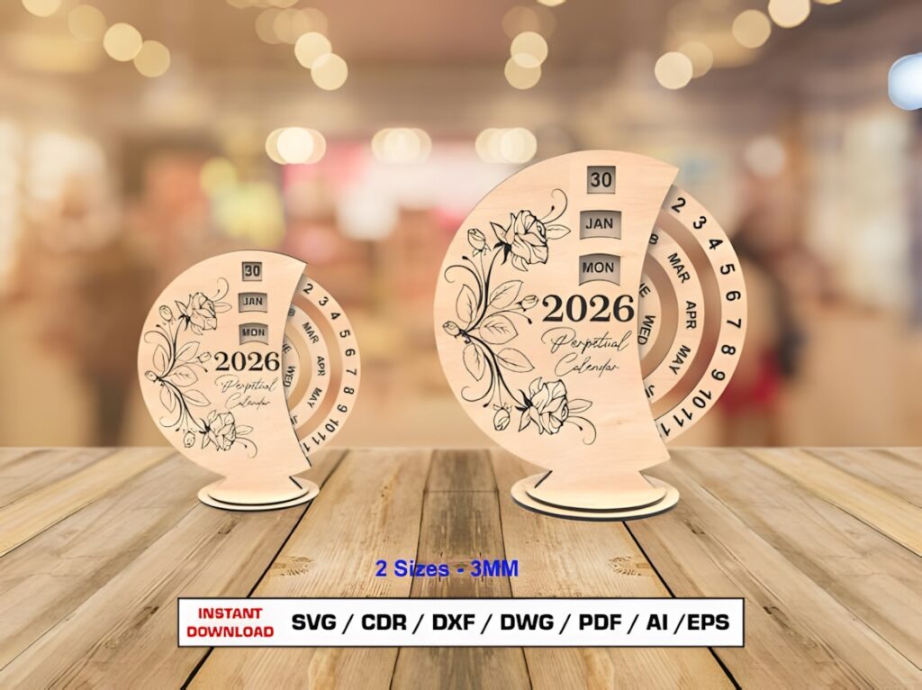 37 Laser Cut Ideas for Creative Maker Projects 38 2026 perpetual calendar laser cut design in two sizes made from 3 mm material with floral decoration