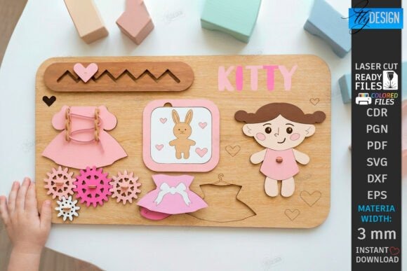21 Laser Cut Toys for Kids and Creative Play 13 Personalized busy board laser cut toy with pink dress, gears, bunny image, and girl figure on wooden board — laser cut toys