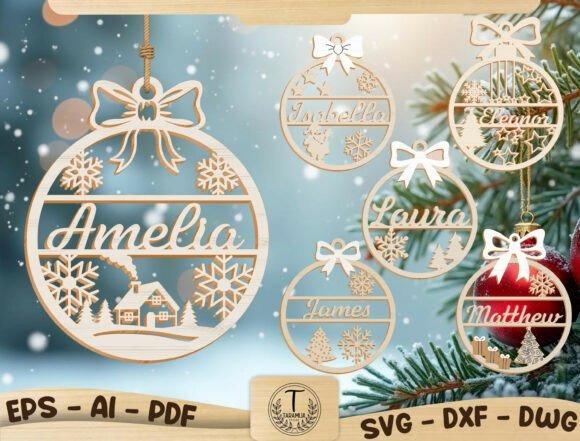 31 Laser Engraving Ideas for Practical DIY Builds 10 Laser engraving ideas showing personalized Christmas ornament SVG designs with names and seasonal elements like snowflakes