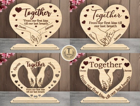12 Laser Engraving Ideas for Personalized Gifts and Keepsakes 9 Personalized laser engraving gift ideas featuring wooden couple heart signs with names and romantic quotes