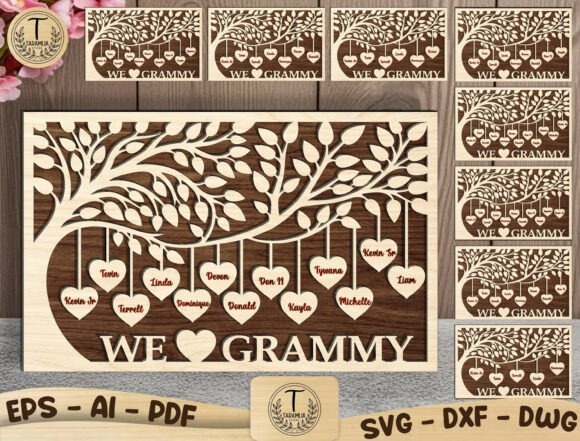 Laser Engraving Projects for Gifts, Signs and Home Decor 12 Laser engraving projects for gifts and home showing personalized family tree sign with multiple names and hearts