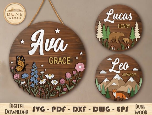 Laser Engraving Projects for Gifts, Signs and Home Decor 13 Laser engraving projects for gifts and home featuring personalized wood name signs with layered nature and animal designs