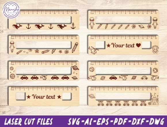 Personalized wooden rulers with laser engraving ideas including space, transportation, ocean life, and customizable name