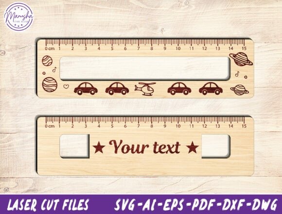 Personalized wooden ruler with laser engraving ideas including space and transportation themes and customizable text