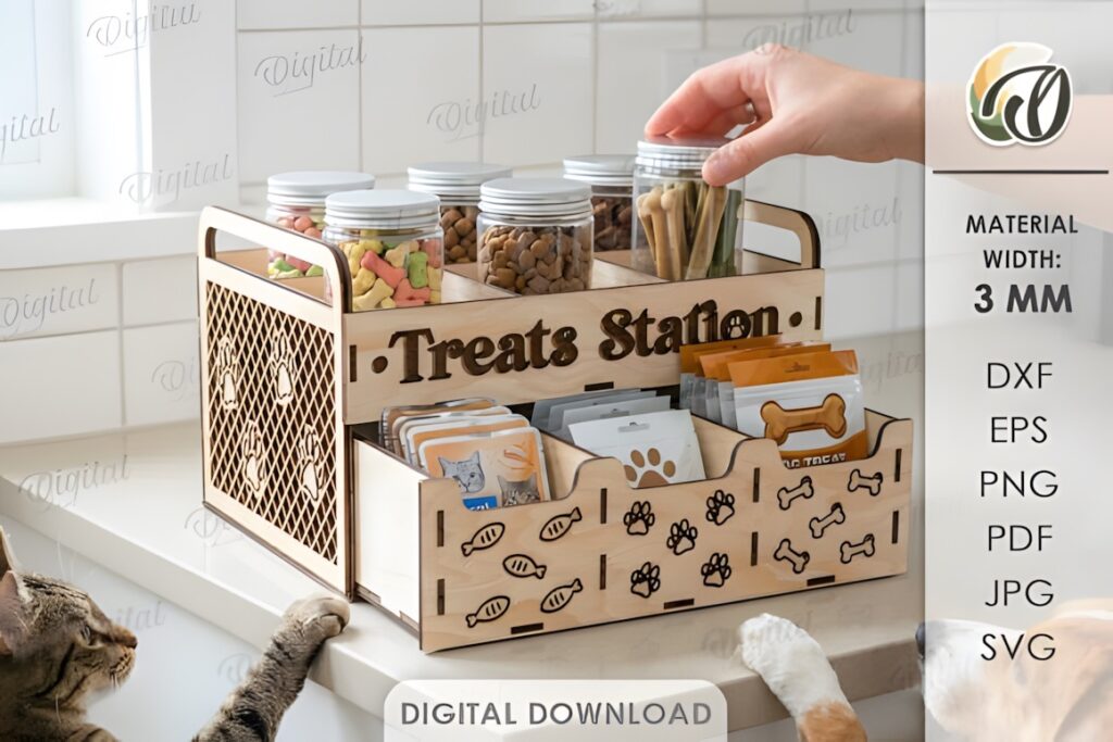 29 Laser Cut SVG Files for Wood, MDF and Acrylic Projects 14 laser cut SVG files for wood projects pet treat storage box with jars and packets on white countertop