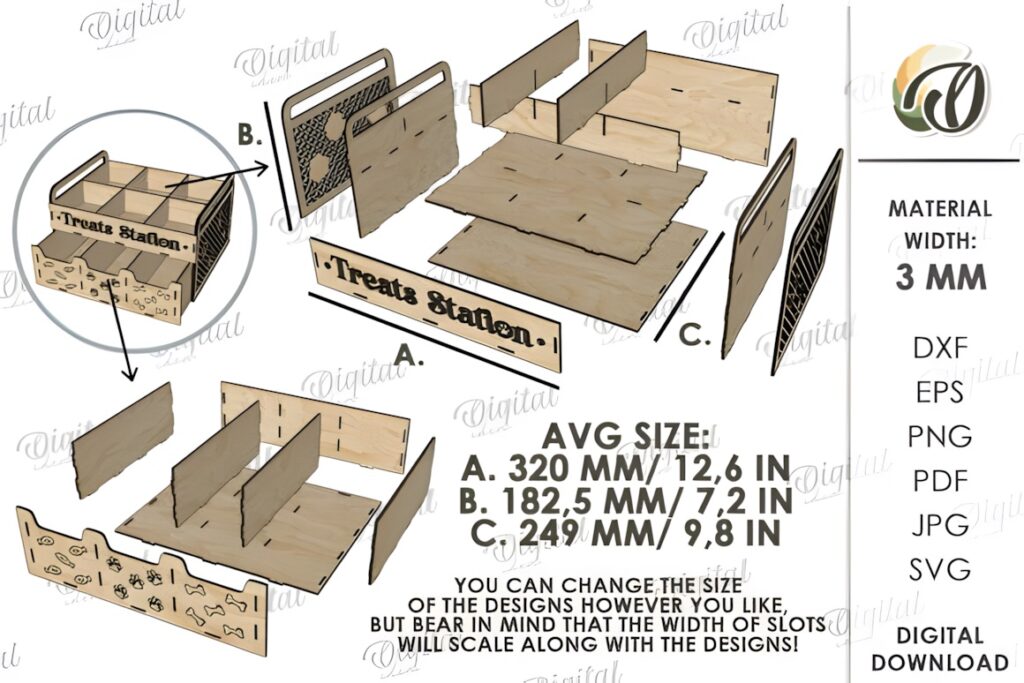 29 Laser Cut SVG Files for Wood, MDF and Acrylic Projects 15 Laser cut SVG files for wood projects showing exploded view and assembly of pet treats storage box with dimensions and